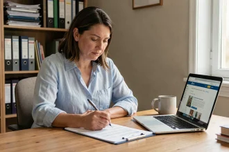 Femme remplissant un formulaire administratif de changement d'adresse à son bureau à domicile