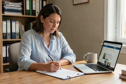 Femme remplissant un formulaire administratif de changement d'adresse à son bureau à domicile