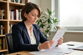 Femme lisant attentivement son contrat d'assurance Macif à son bureau à domicile