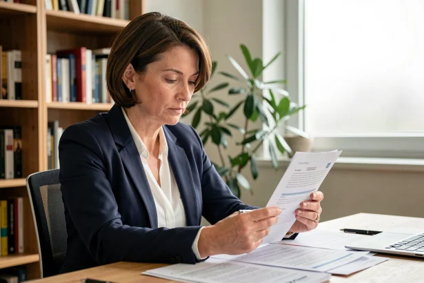 Femme lisant attentivement son contrat d'assurance Macif à son bureau à domicile