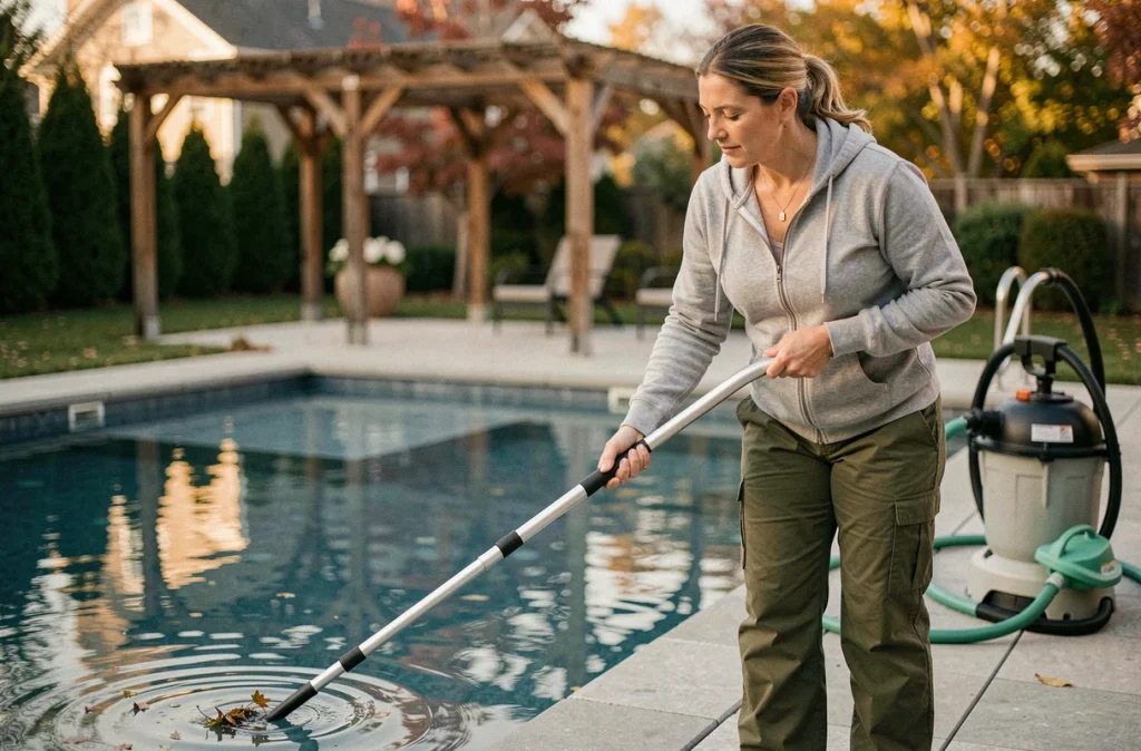 Femme nettoyant sa piscine avec une épuisette avant l'hivernage en fin de saison