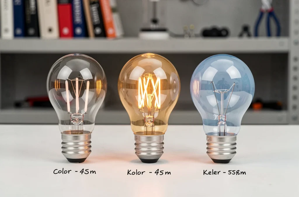 Gros plan de trois types d'ampoules avec étiquettes de température de couleur en Kelvin sur fond neutre