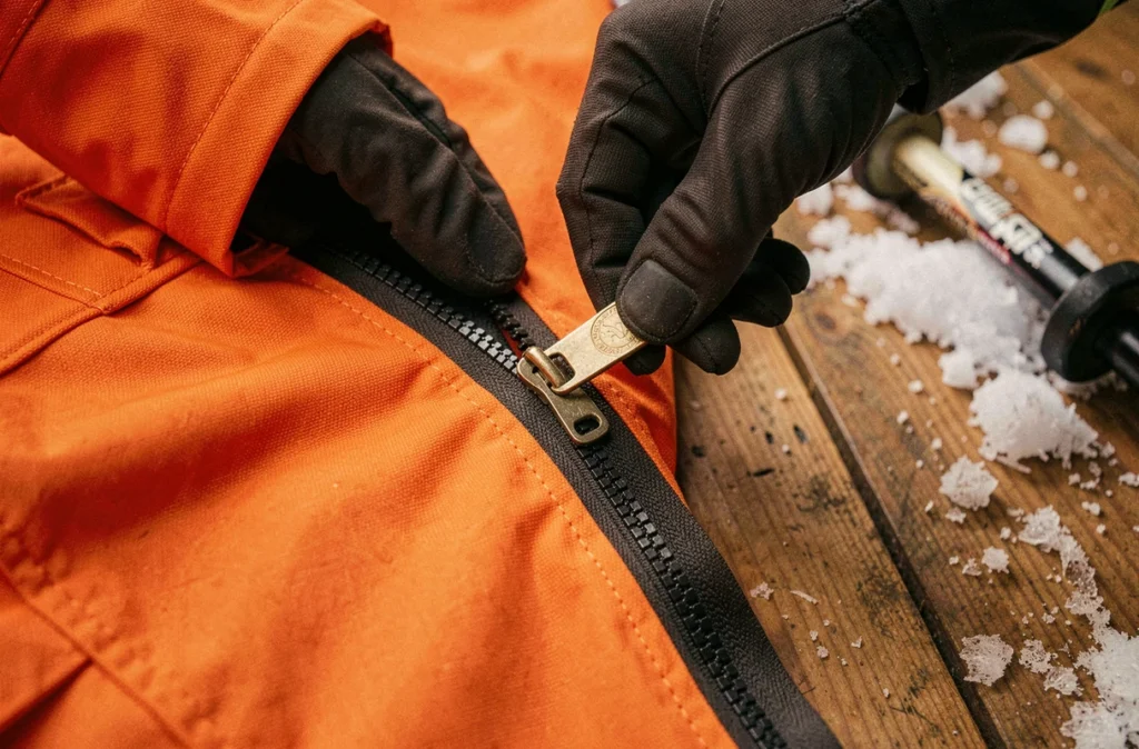 Gros plan sur des mains gantées manipulant une fermeture éclair bloquée en bas d'une combinaison de ski orange avec un outil