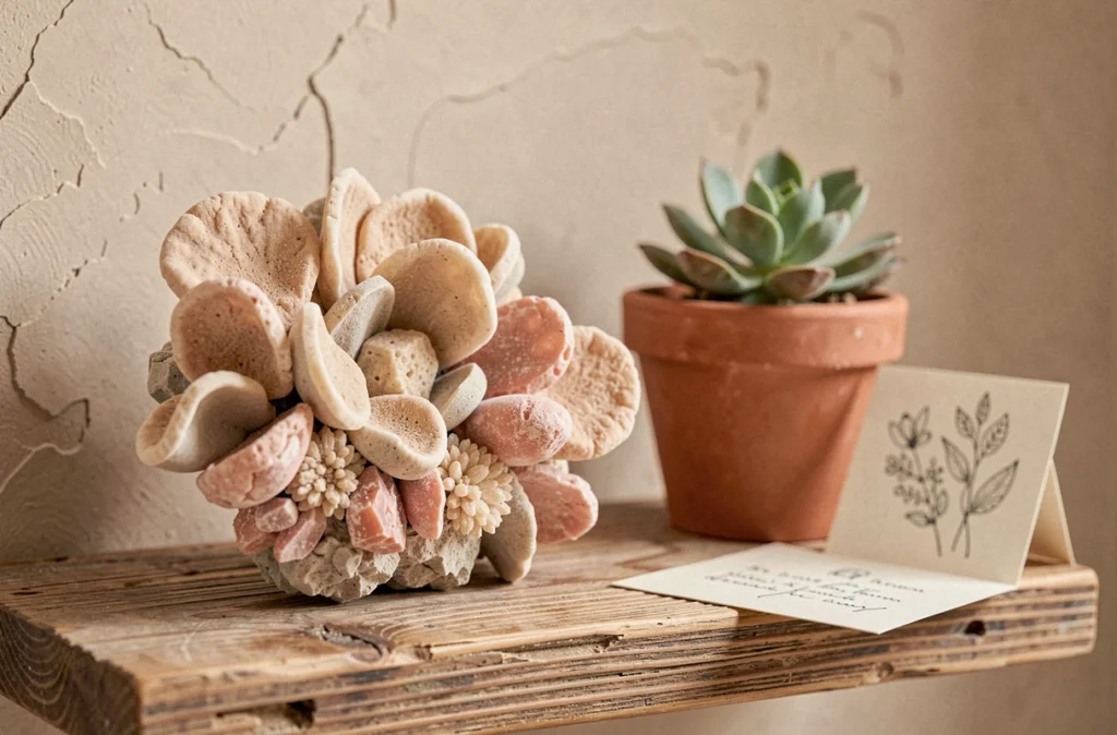 Gros plan d'une pierre roses des sables aux formations cristallines sur une étagère en bois avec une plante succulente et une poterie terracotta