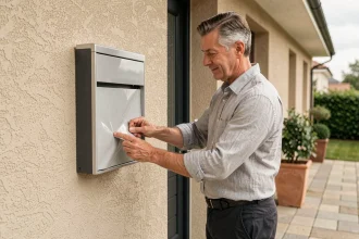 Homme appliquant un habillage personnalisé sur une boîte aux lettres murale moderne à l'entrée d'une maison contemporaine