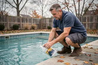 Homme ajoutant des produits hivernants dans une piscine en automne pour préparer l'hivernage