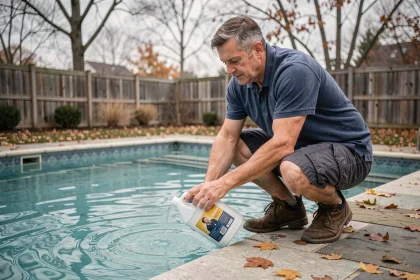 Homme ajoutant des produits hivernants dans une piscine en automne pour préparer l'hivernage