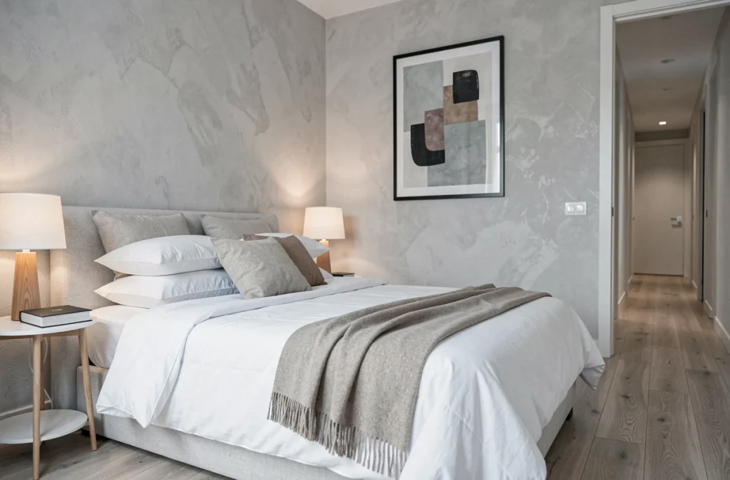 Chambre soigneusement mise en scène en home staging avec literie neutre et décoration épurée pour séduire les acheteurs immobiliers