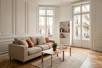Salon modernement aménagé en home staging avec canapé neutre, parquet en chevrons et décoration minimaliste pour valoriser un bien immobilier avant la vente