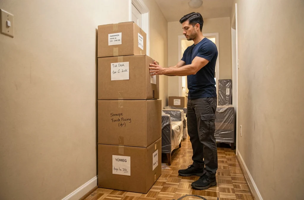 Homme empilant des cartons étiquetés dans le couloir d'un appartement lors d'un déménagement organisé