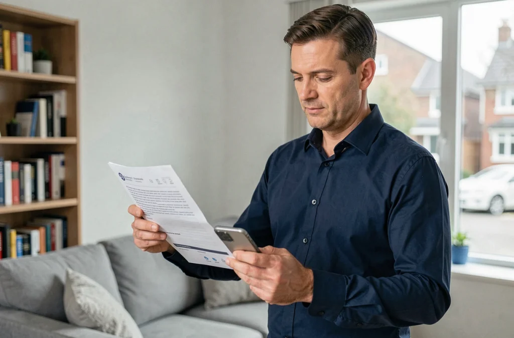 Homme comparant les avis clients GMF assurance habitation avec un document et son smartphone