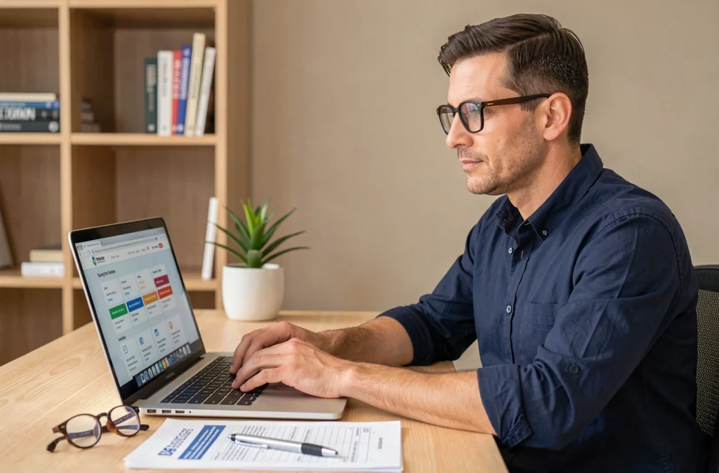 Homme comparant des offres d'énergie en ligne pour transférer ses contrats