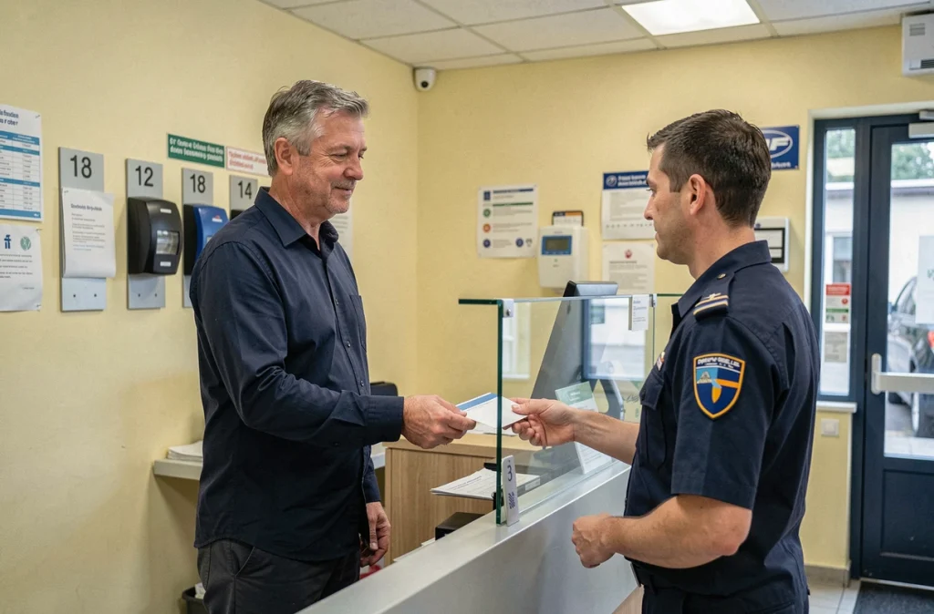Homme déposant un courrier de changement d'adresse au guichet d'un bureau de poste