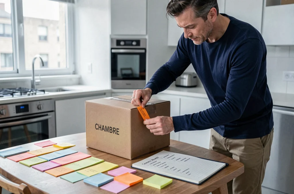 Homme organisant des étiquettes colorées pour identifier les cartons de déménagement sur une table de cuisine