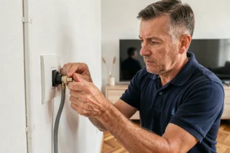 Électricien installant une prise coaxiale murale dans un salon moderne, vue en trois-quarts