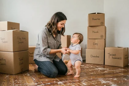 Mère aidant son jeune enfant pendant un déménagement entourés de cartons dans un salon vide