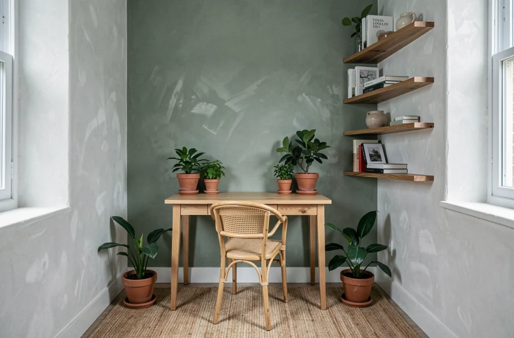 Coin bureau dans un studio avec mur en vert sauge tendance et décoration minimaliste dans un petit espace
