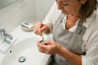 Femme nettoyant une bague en argent noirci avec un dentifrice et une brosse à dents au-dessus d'un lavabo en céramique blanche