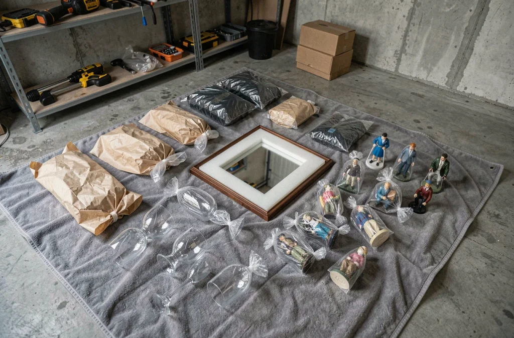 Vue aérienne d'objets fragiles emballés individuellement — verres, cadres et figurines — sur une couverture de déménagement dans un garage