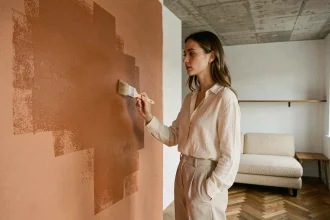 Jeune femme appliquant une peinture tendance terracotta sur un mur d'accent dans un petit appartement parisien