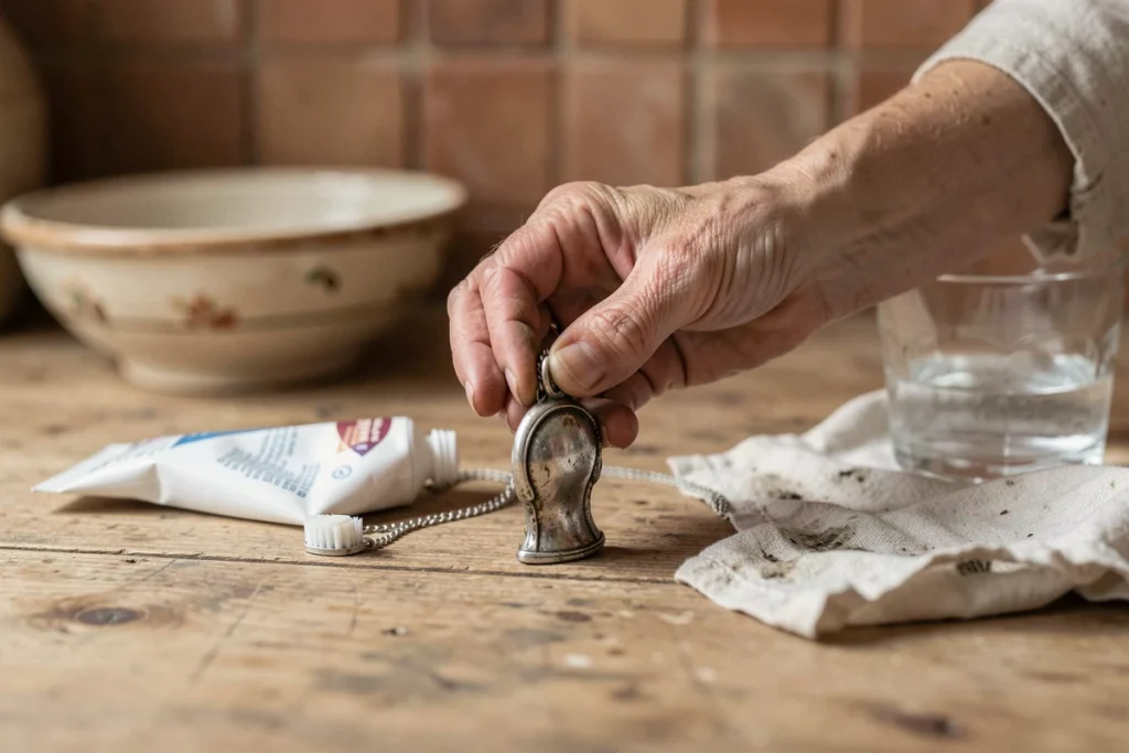 Mains tenant un pendentif en argent oxydé à nettoyer avec du dentifrice sur une table en bois rustique