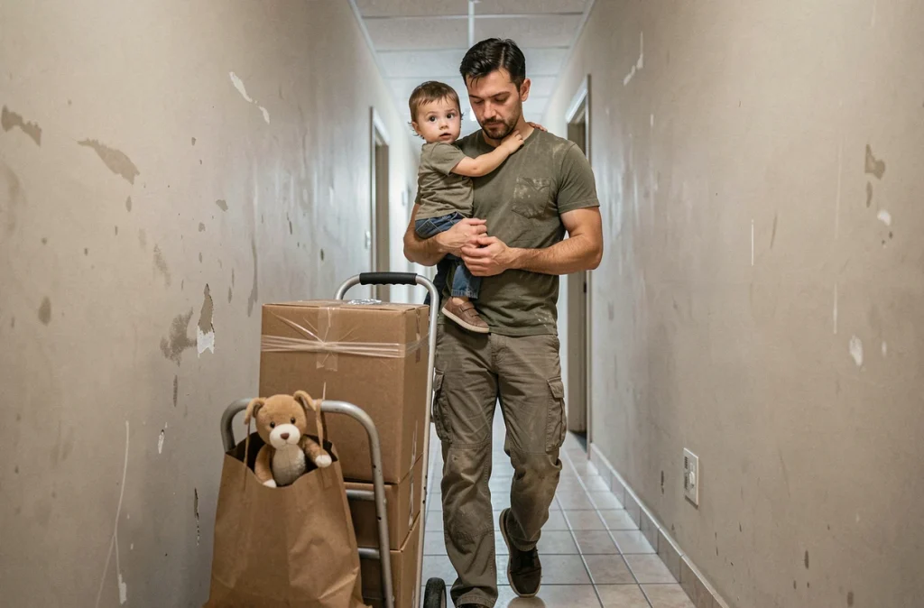 Père portant son enfant en bas âge tout en déplaçant des cartons dans un couloir d'appartement