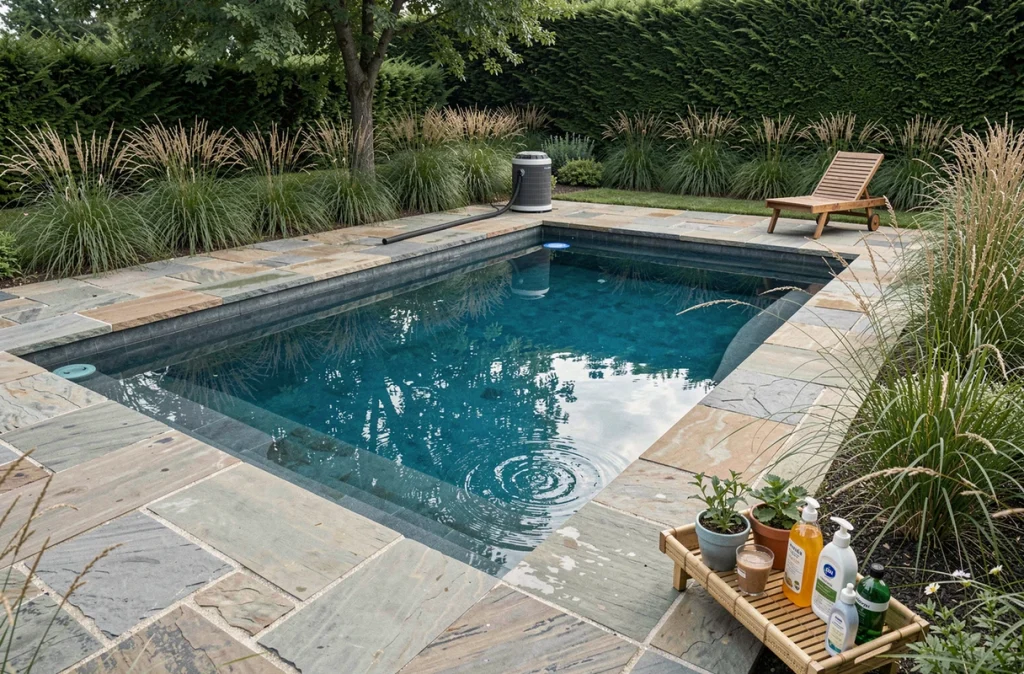 Piscine entretenue sans produits chimiques avec système de filtration UV et produits naturels posés en bord de bassin