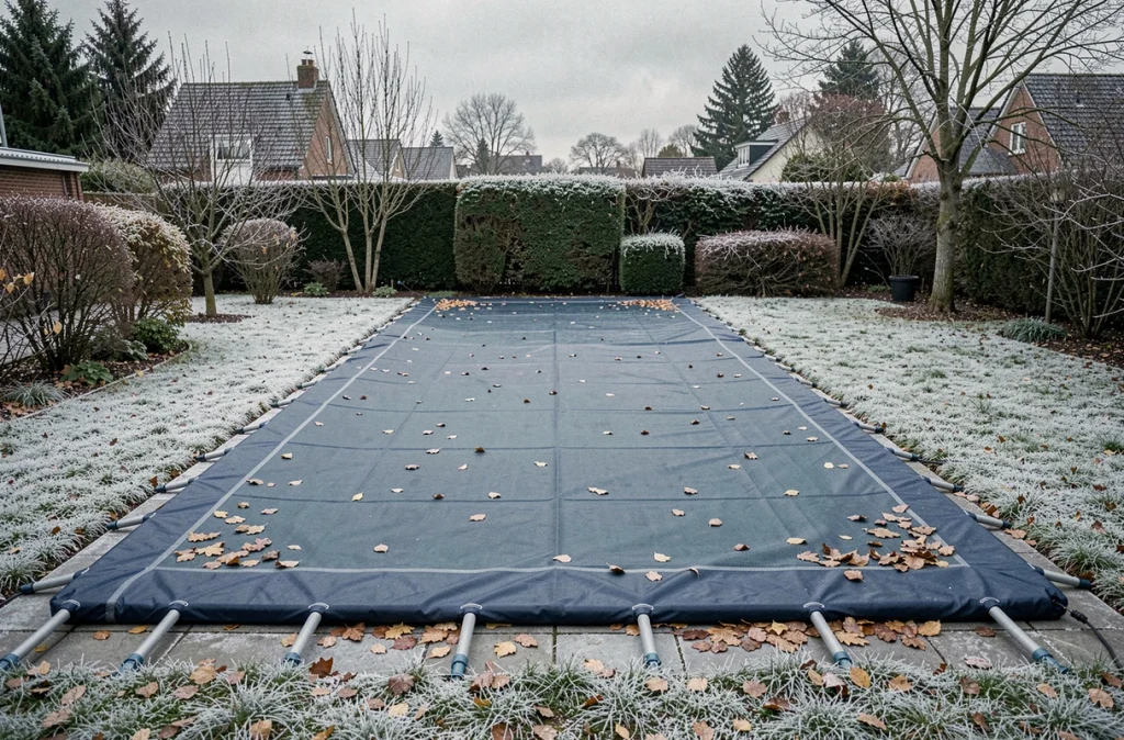 Piscine hivernée avec bâche de protection bleue dans un jardin en automne
