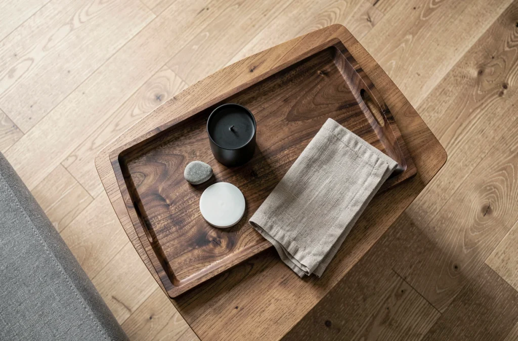 Vue de dessus d'une table basse en noyer avec plateau décoratif noir, bougie et accessoires gris et blanc