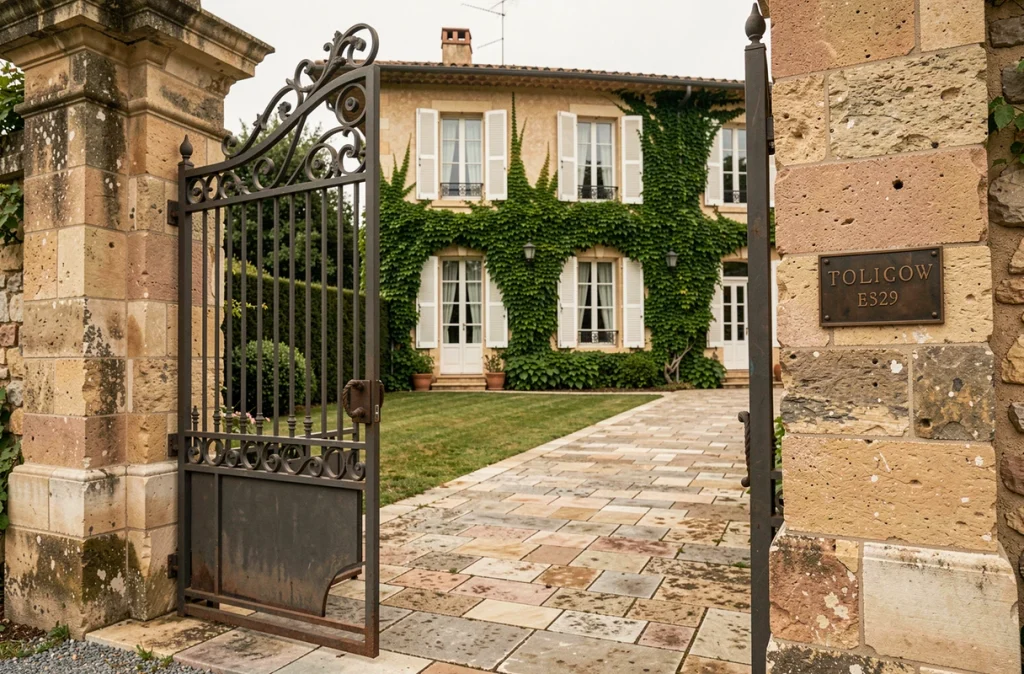 Portail en fer forgé d'une villa de style provençal avec allée en pierre, illustrant les critères distinctifs d'une villa en immobilier