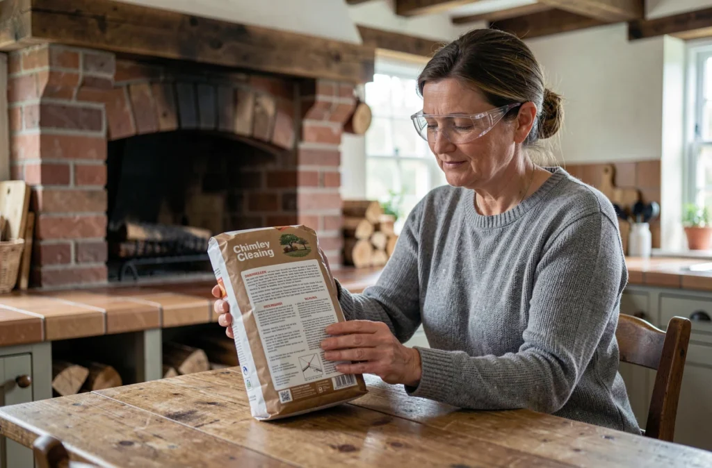 Femme lisant les précautions d'emploi d'une bûche de ramonage dans une cuisine de ferme avec cheminée en brique