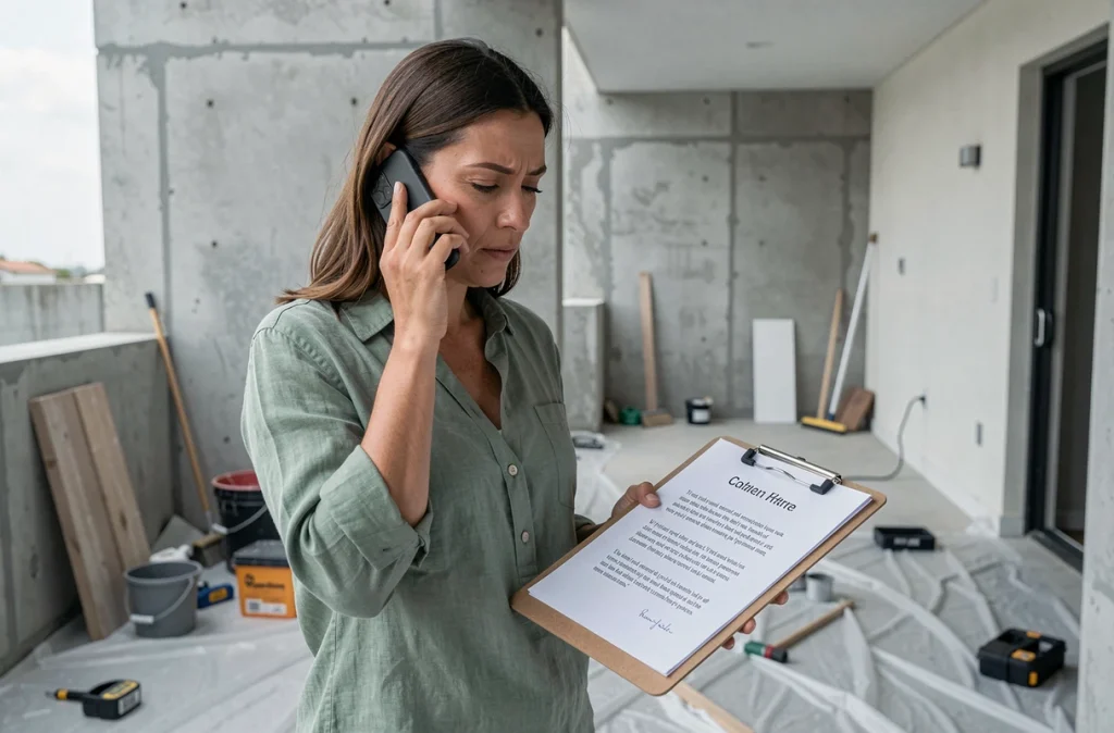 Femme propriétaire comparant plusieurs devis de rénovation sur une terrasse en chantier avec un clipboard