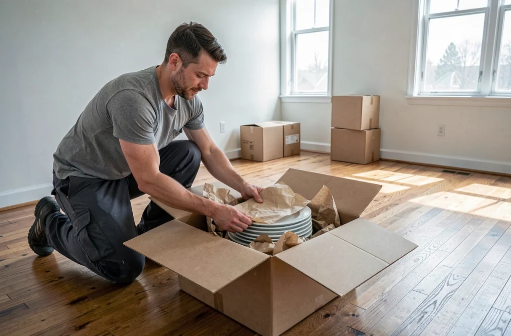 Homme protégeant des assiettes avec du papier kraft dans un carton lors du rangement des objets fragiles pour un déménagement