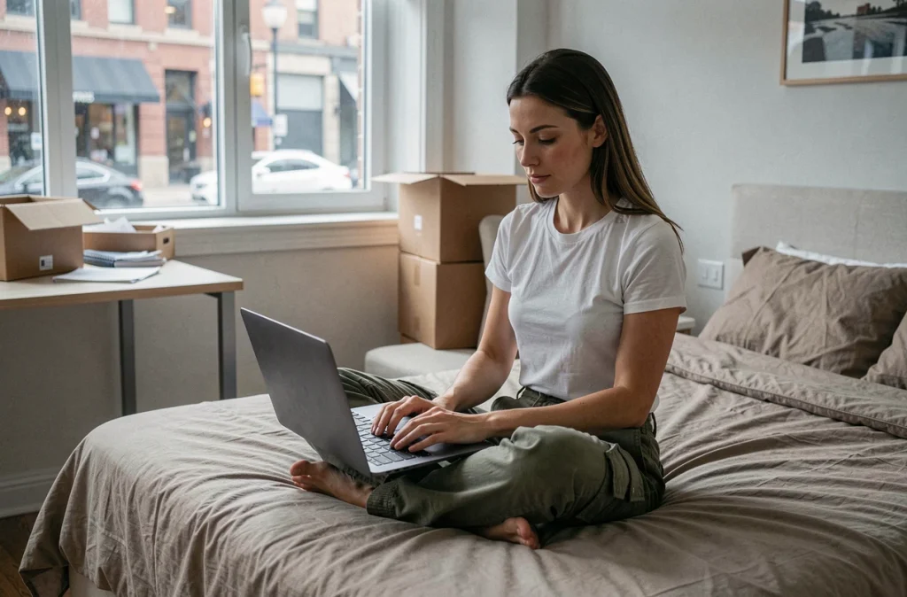 Jeune femme recherchant un logement en bail mobilité sur son ordinateur dans une chambre meublée