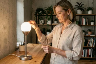 Femme réglant une ampoule intelligente dans un salon moderne avec parquet en chêne et murs en béton