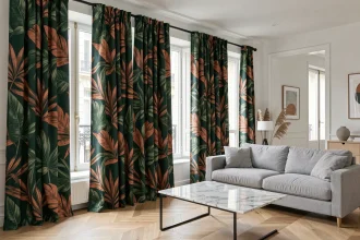 Rideau de salon à motifs botaniques vert émeraude et terracotta dans un salon parisien moderne au parquet chêne clair