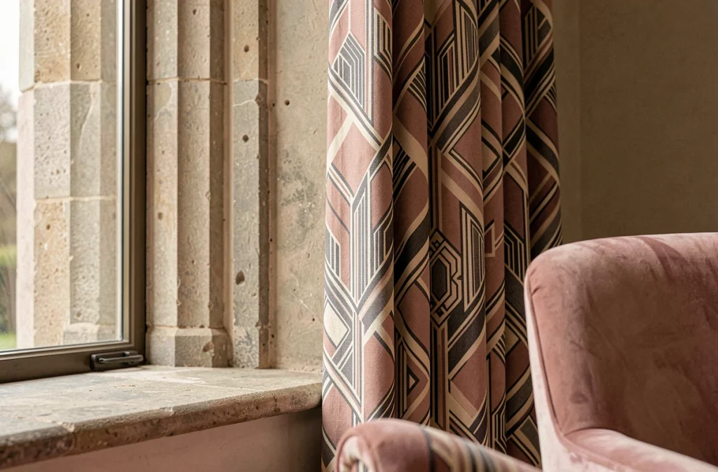 Gros plan sur des rideaux de salon à motifs géométriques Art Déco rose poudré et gris anthracite près d'une fenêtre à meneaux en pierre