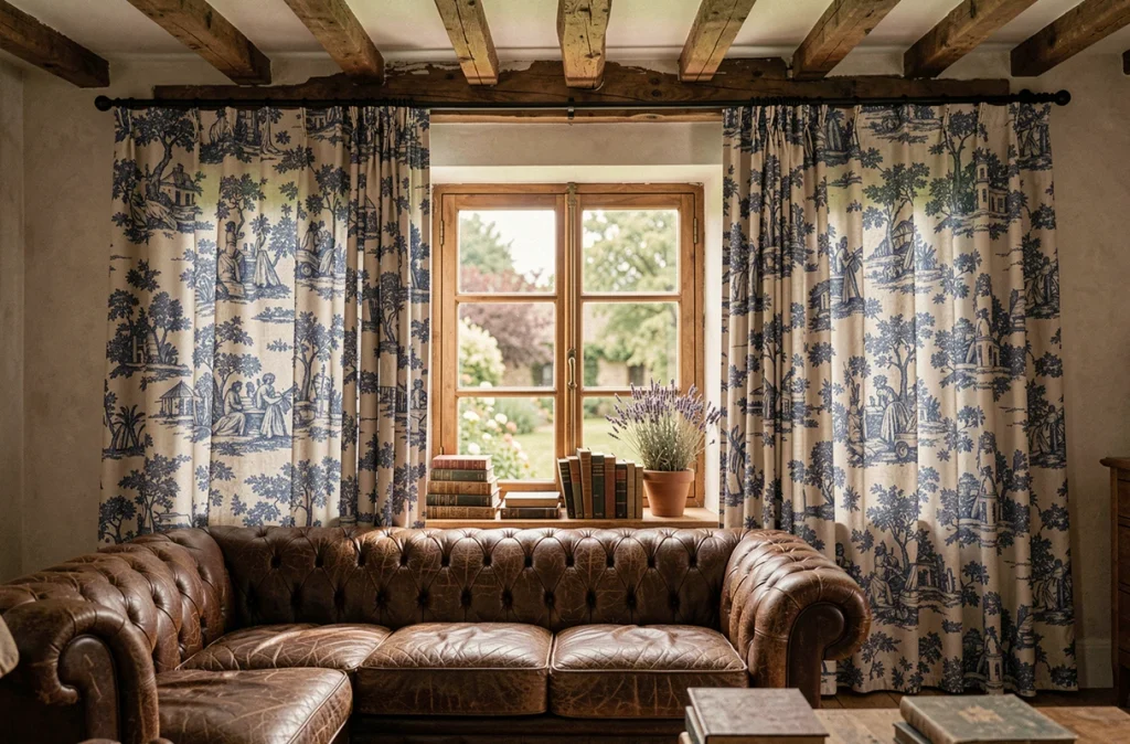 Rideaux de salon en Toile de Jouy bleu indigo dans un intérieur campagnard français avec poutres apparentes et canapé en cuir