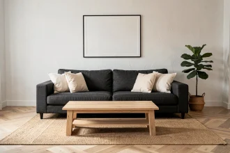 Salon moderne décoré en noir gris blanc et bois naturel avec canapé en lin anthracite et table basse en chêne clair