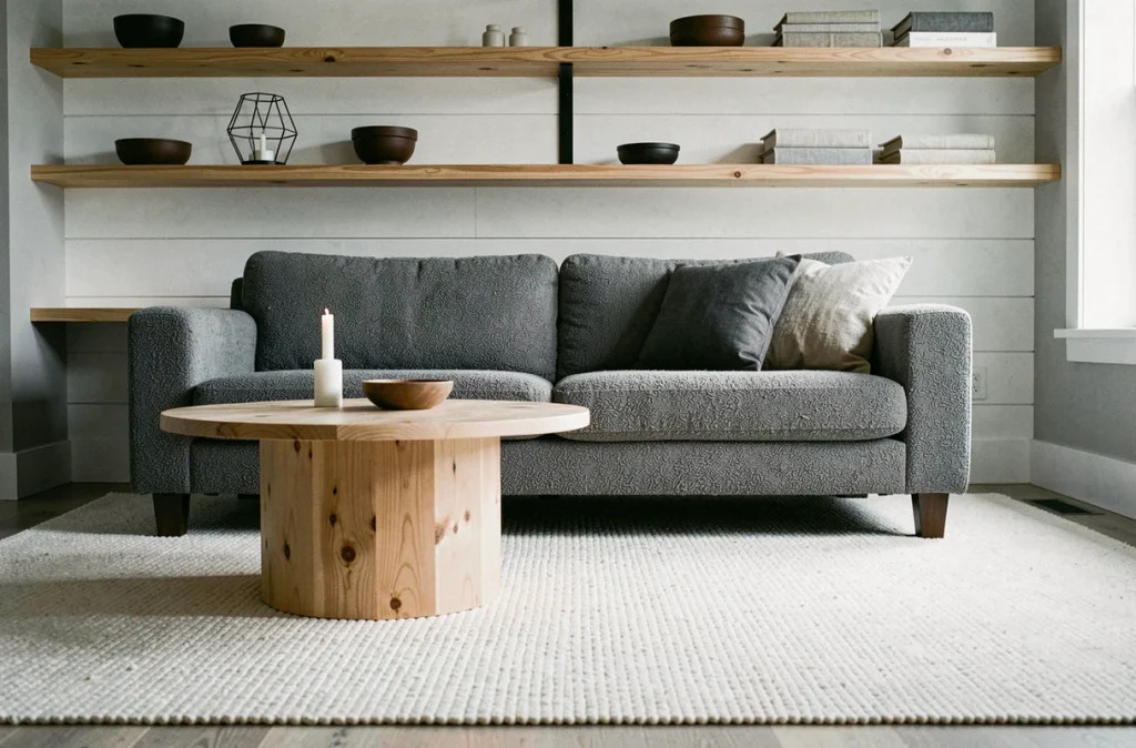Salon style scandinave avec canapé bouclé gris, table ronde en bouleau et mur en shiplap blanc