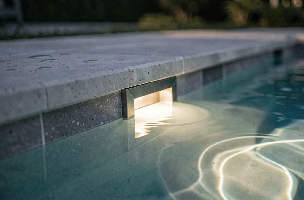 Détail d'un spot LED encastré sous l'eau dans une piscine moderne avec reflets lumineux sur les carrelages