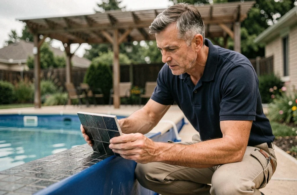 Technicien comparant des échantillons de revêtement en mosaïque pour piscine résidentielle