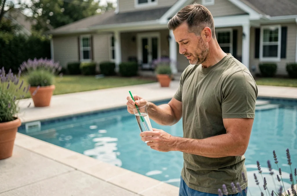 Homme testant la qualité de l'eau de sa piscine avec un kit d'analyse naturel respectueux de l'environnement