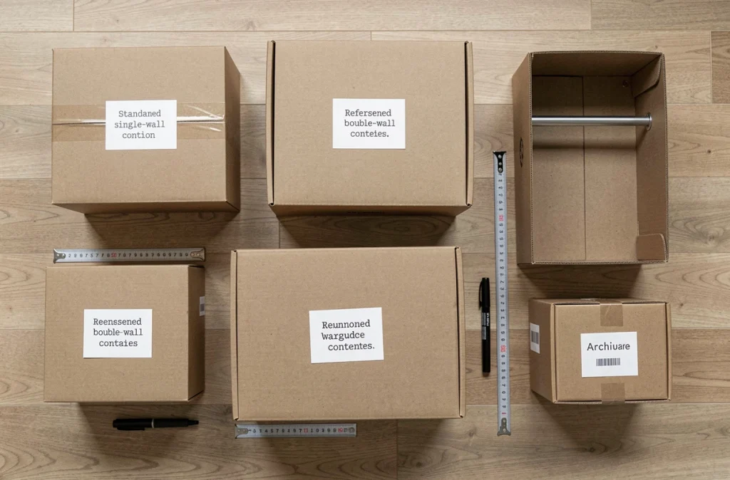 Vue du dessus de cinq types de cartons de déménagement différents étiquetés et classés par usage sur un parquet en chêne