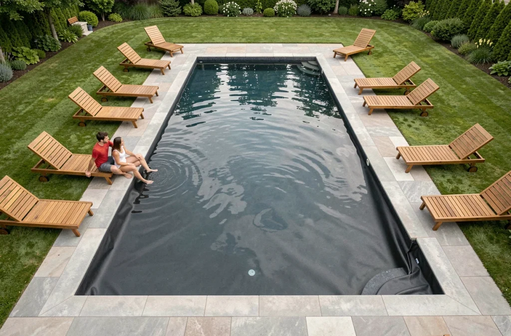 Vue aérienne d'une piscine familiale avec liner anthracite et jardin verdoyant aménagé