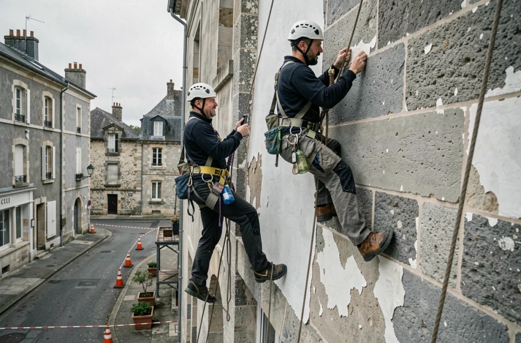 Techniciens d'Acro Loire en travaux en hauteur pour la rénovation d'une façade ancienne