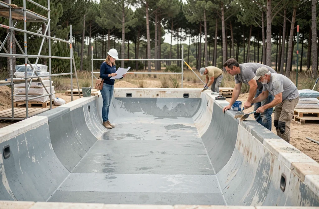Équipe d'Aqua Forte Piscines en cours de rénovation d'un bassin en Charente-Maritime avec application d'un nouveau revêtement