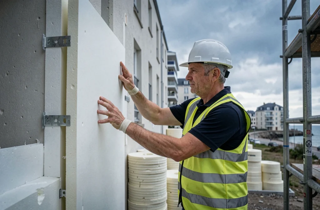 Spécialiste d'Avenir Rénovations inspectant l'isolation thermique d'un bâtiment à Saint-Nazaire