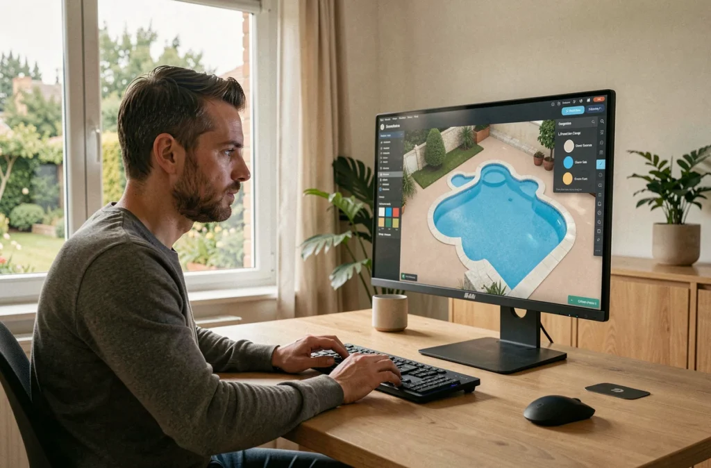 Homme utilisant le configurateur en ligne de Config Piscine sur un ordinateur dans une maison de Gironde