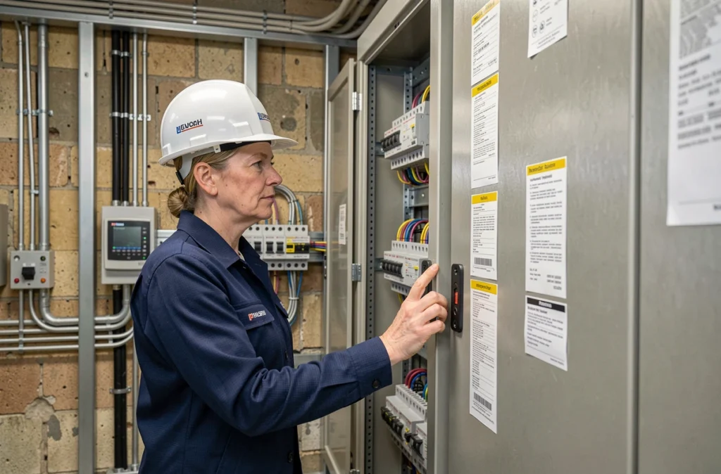 Ingénieure d'Eiffage Énergie Systèmes Loire Océan inspectant un tableau électrique lors d'une rénovation technique